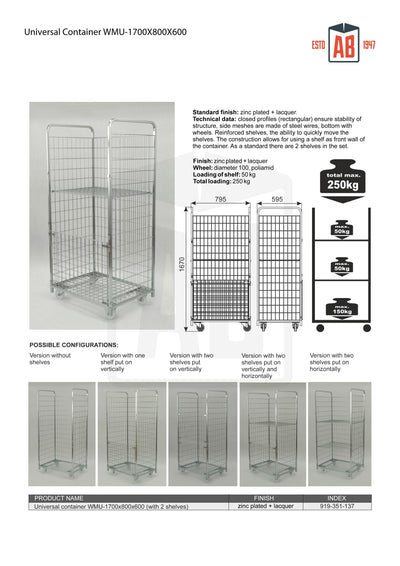 Container WMU 1700x800x600 with Shelf – Extra-Long Roll Cage for Oversized Goods