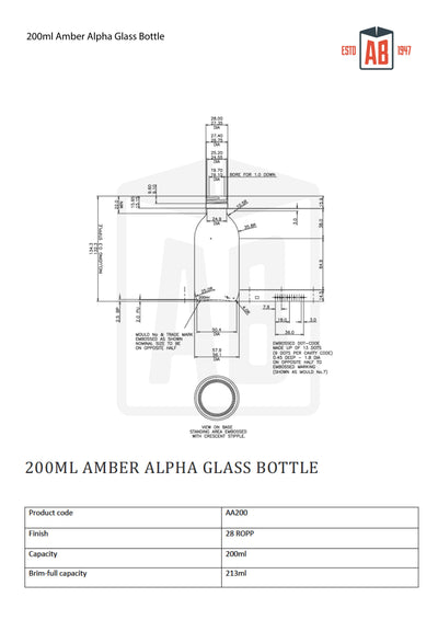 200 ml bernsteinfarbene Alpha-Glasflasche