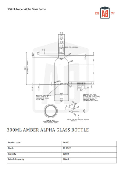 300 ml bernsteinfarbene Alpha-Glasflasche