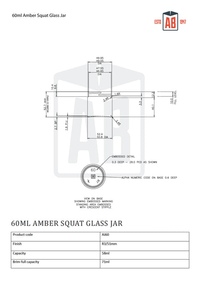 60 ml bernsteinfarbenes, gedrungenes Glas