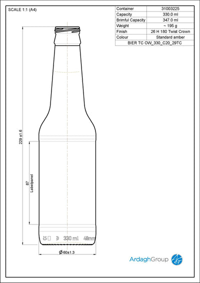330ml Bernsteinfarbene Glas Einweg-Bierflasche - Ardagh