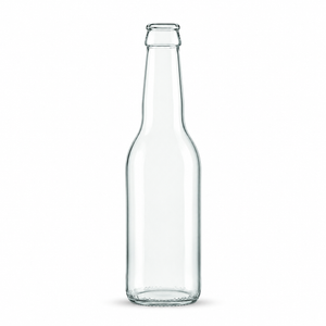 Empty 33cl clear flint glass bottle with long neck and 16mm crown finish