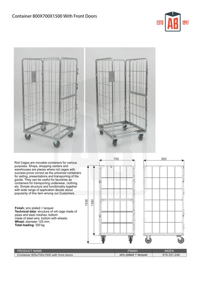 Container 800x700x1500 with Front Doors – Secure Roll Cage for Easy Access