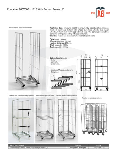 Container 800x600 H1810 with Bottom Z-Frame – Tall Roll Cage for Stable Storage
