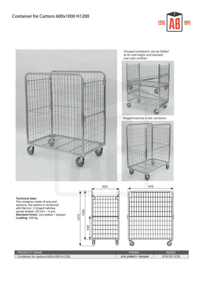 Container for Cartons 600x1000 H1200 – Optimized Roll Cage for Boxed Goods