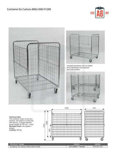 Container for Cartons 800x1200 H1200 – Large Roll Cage for Boxed Goods Handling