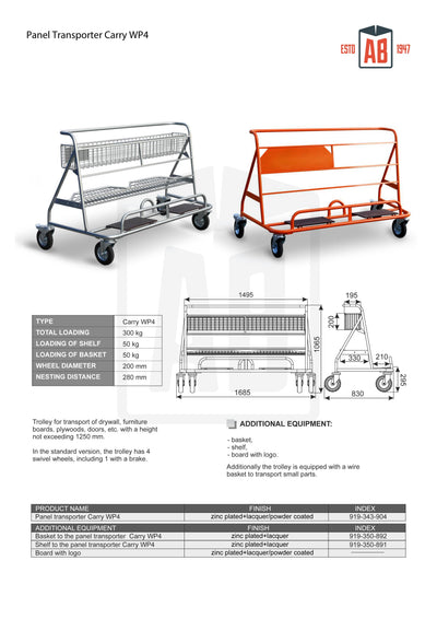 Carry WP4 Plate Trolley – With Basket and Shelf for Sheet Material Handling