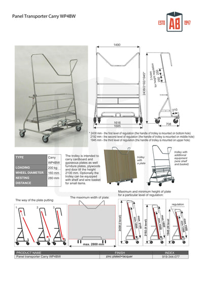 Plate Trolley Carry WP4BW with Shelf and Basket - Durable and Convenient