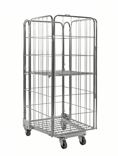 Stackable Roll Container with Door and Shelf – 3 Sided Mesh Roll Cage | 400kg Capacity