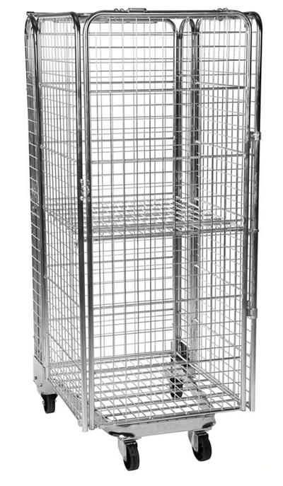 Stackable Security Roll Container with Roof and Shelf – 3 Sided Galvanised Roll Cage | 400kg Capacity