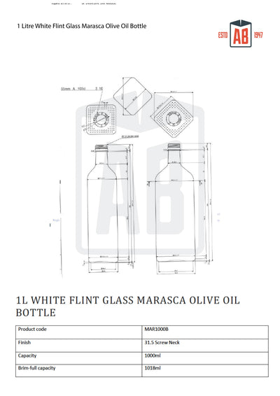 1 Litre White Flint Marasca Glass Olive Oil Bottle (Screw Neck)