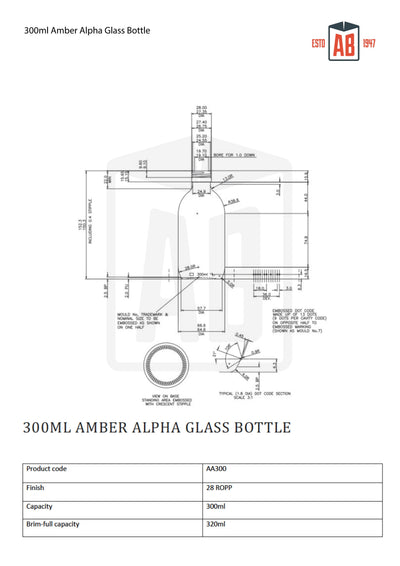 300ml Amber Alpha Glass Bottle