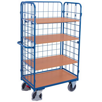 3-seitiger Regalwagen – 1390 x 825 x 1820 mm – 4 Regale aus Buchen-MDF, 500 kg Tragkraft, Blau RAL 5010
